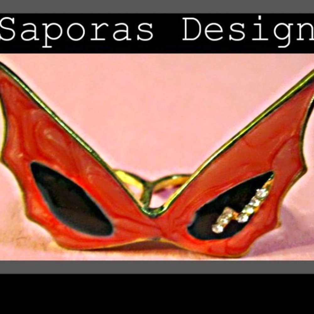 Gold Tone & Pink In Color Double Finger Mask Design Ring Size 5 & 5.5